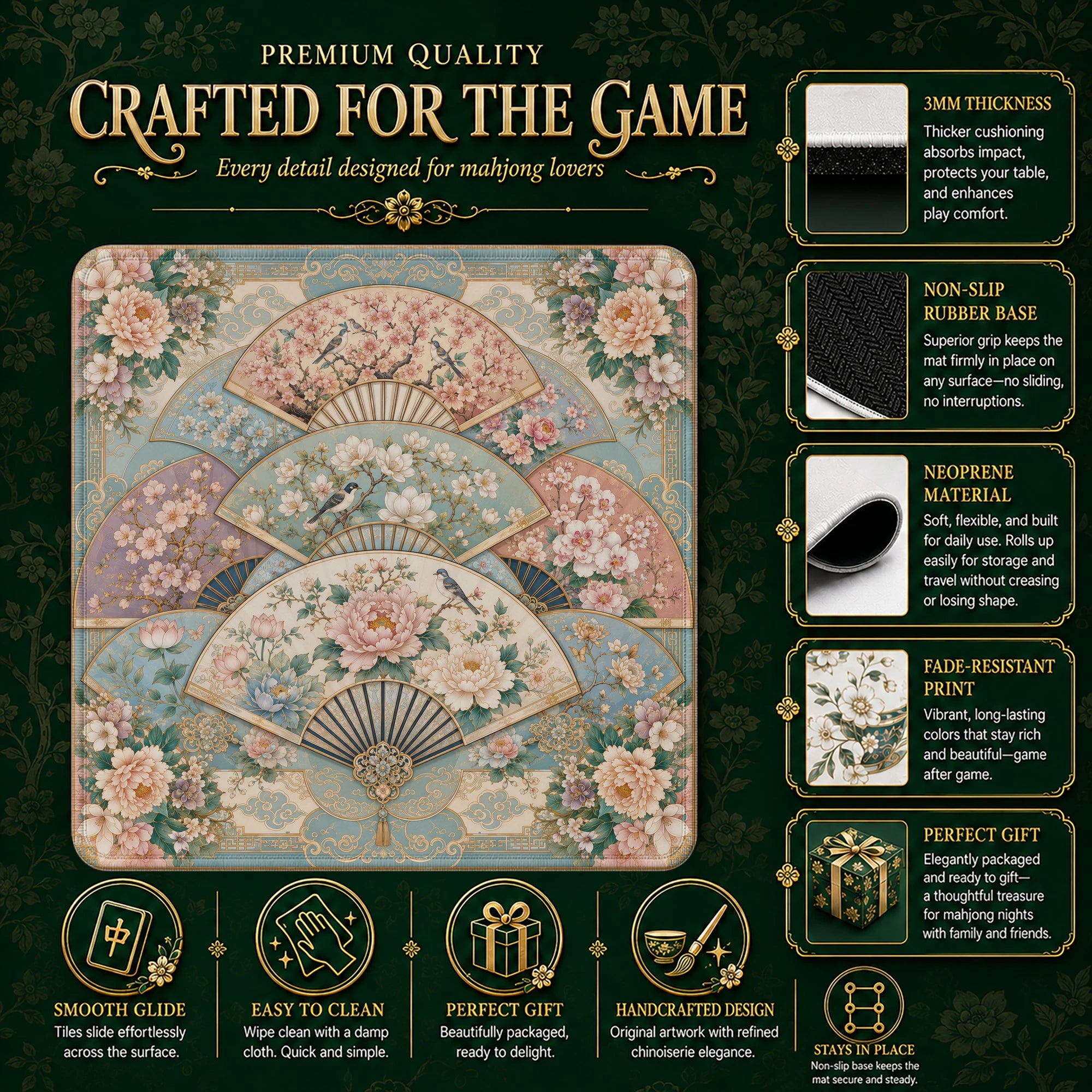 Silk Fan Garden mahjong mat – M (60x60 cm) and L (81x81 cm) sizes
