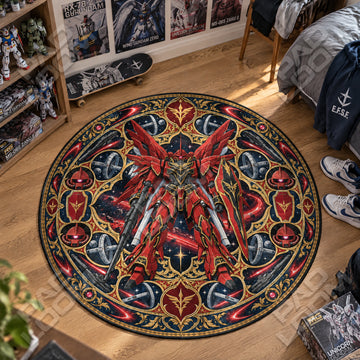 Sinanju Starfield Gundam round rug on a bedroom floor - Gundam chair mat