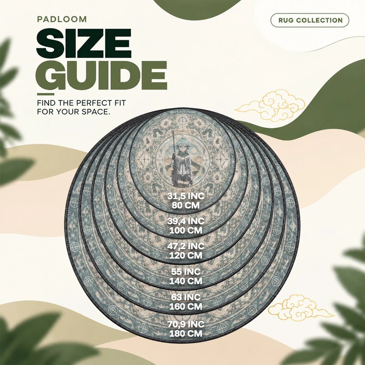 Sinon Desert round rug size guide, 80 to 180 cm (31.5 to 70.9 in)