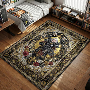 Sister of Battle Adepta Sororitas holding bolter with roses and candles in gothic tarot art style gaming area rug and floor mat
