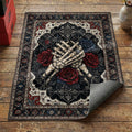 Gothic skeleton hands and roses area rug with red and blue flowers on dark ornamental background