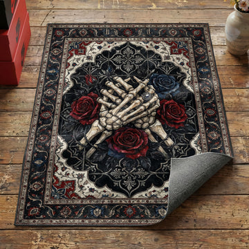 Gothic skeleton hands and roses area rug with red and blue flowers on dark ornamental background