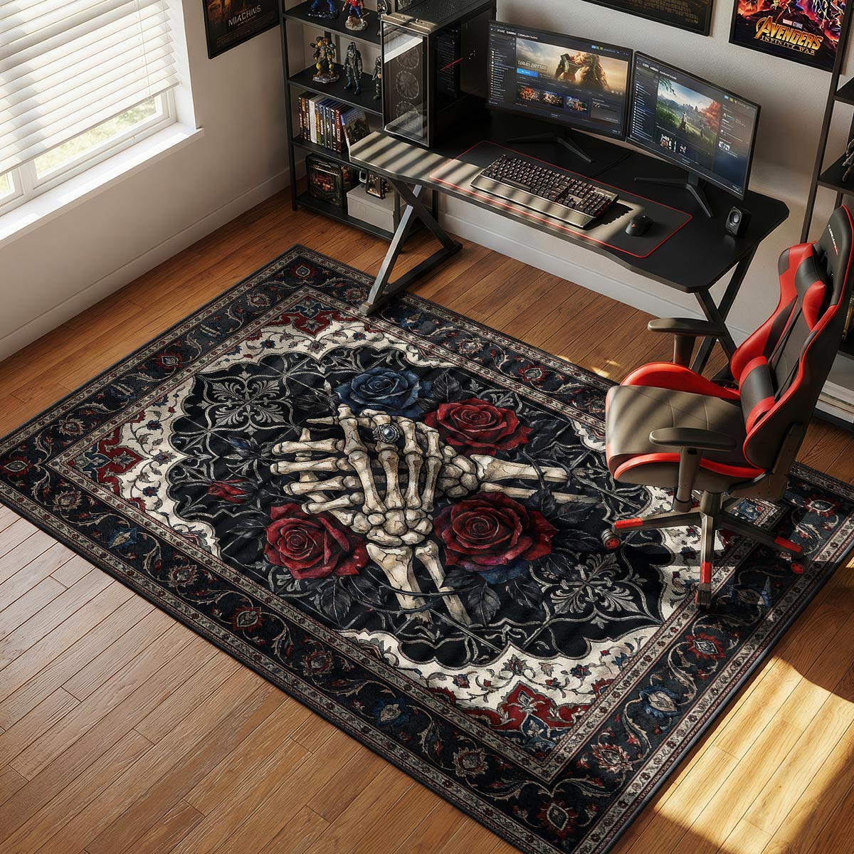 Skeleton hands rug placed in a dark-themed living room with black furniture and dim lighting