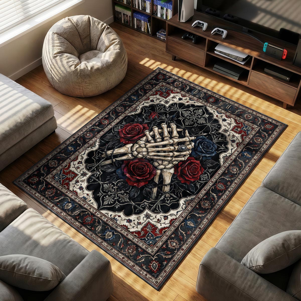 Close-up of skeleton hands rug showing rose detail and non-slip backing texture