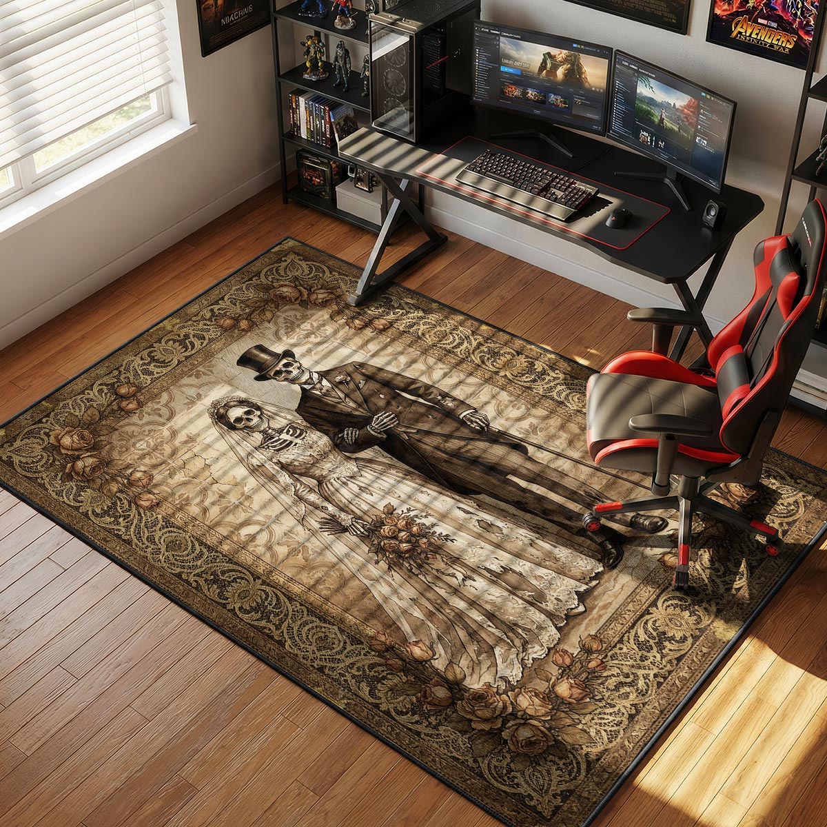 Skeleton wedding rug laid on a vintage bedroom floor beside a brass bed frame