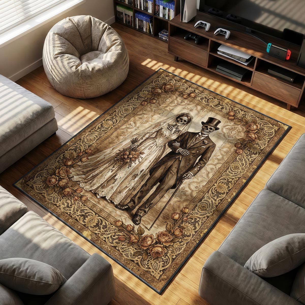 Texture detail of skeleton wedding rug showing faded sepia dye-sublimation on velvet surface