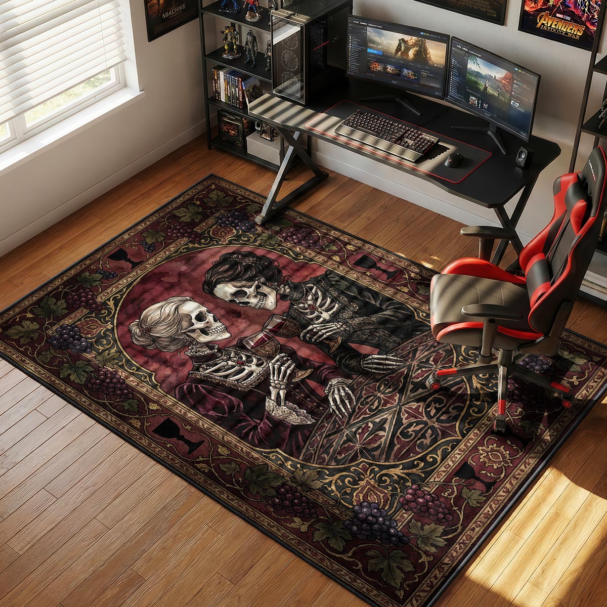 Skeleton wine toast rug placed under a dining table in a moody candlelit room