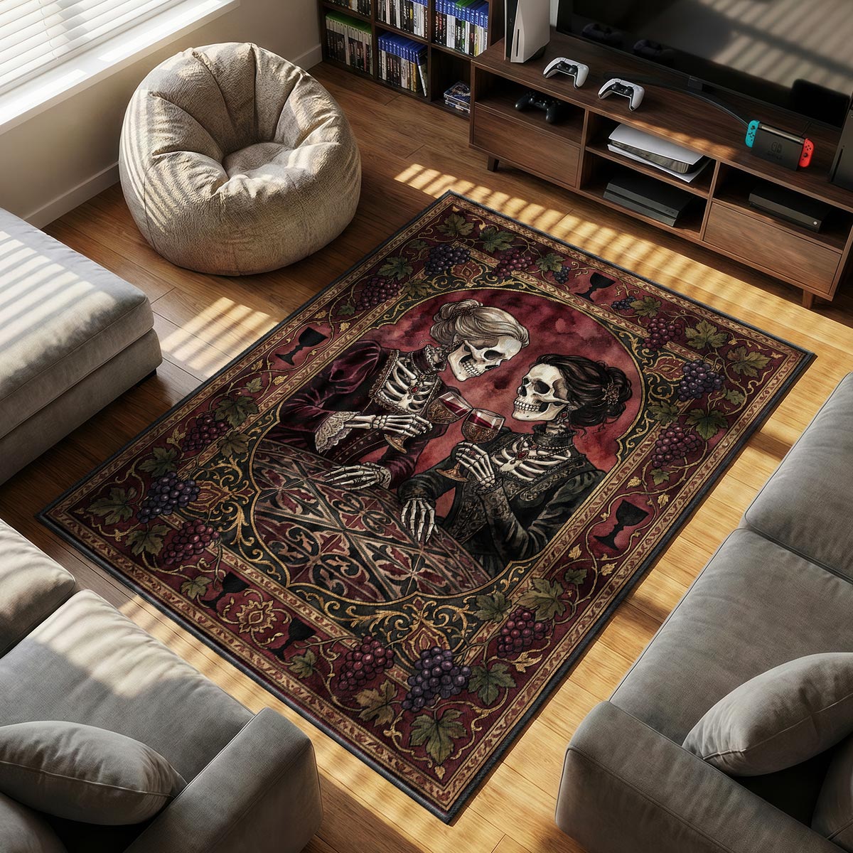 Close-up detail of skeleton wine rug showing gold accents and plush fiber texture