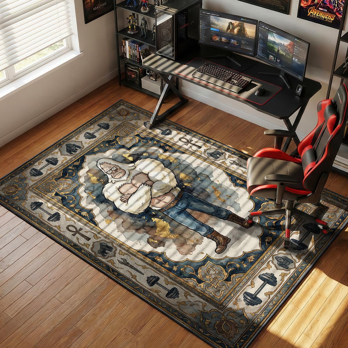 Skips rug placed in a minimalist living room with dark wood coffee table and cream sofa