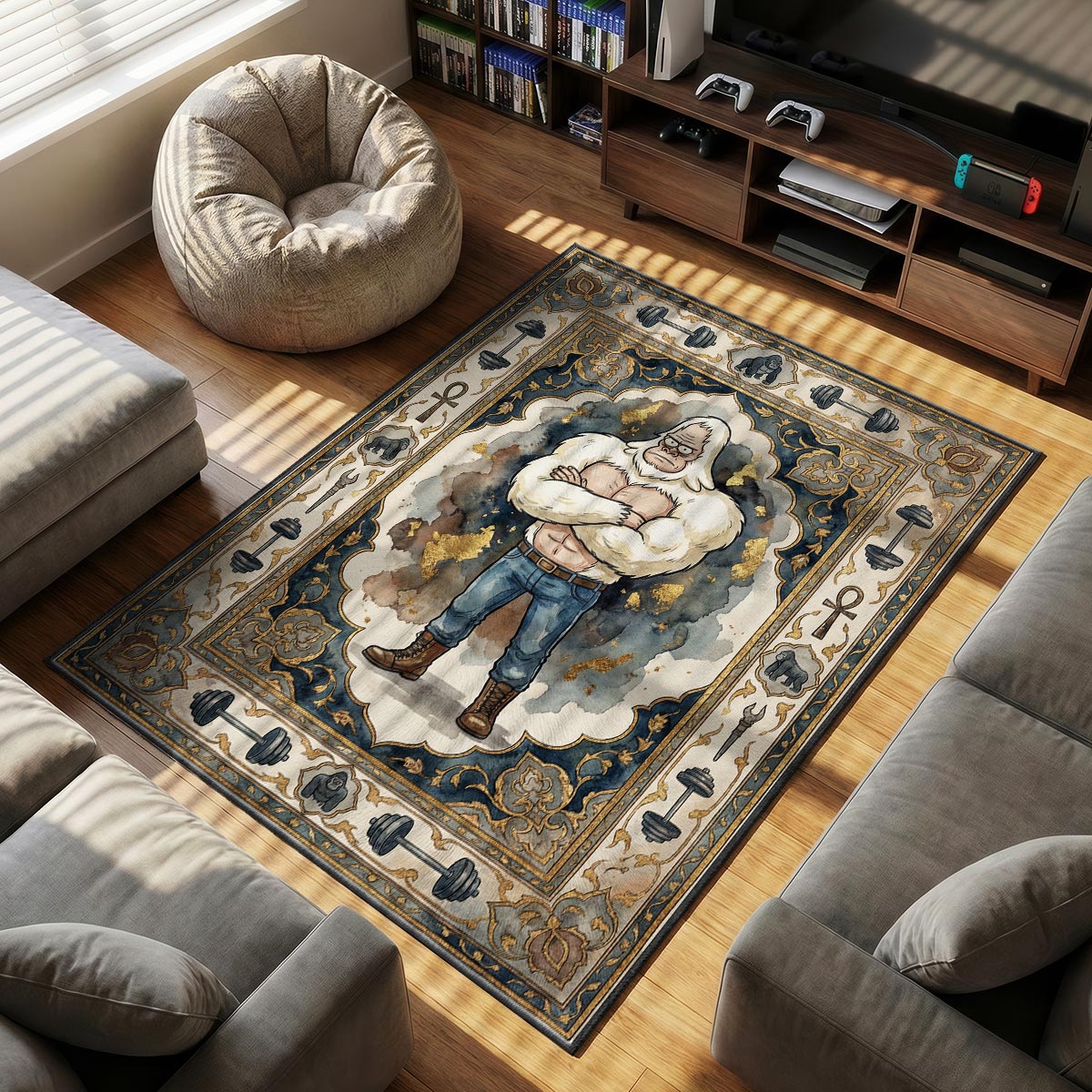 Close-up of Skips area rug showing gold leaf barbell border and navy velvet dye-sublimation
