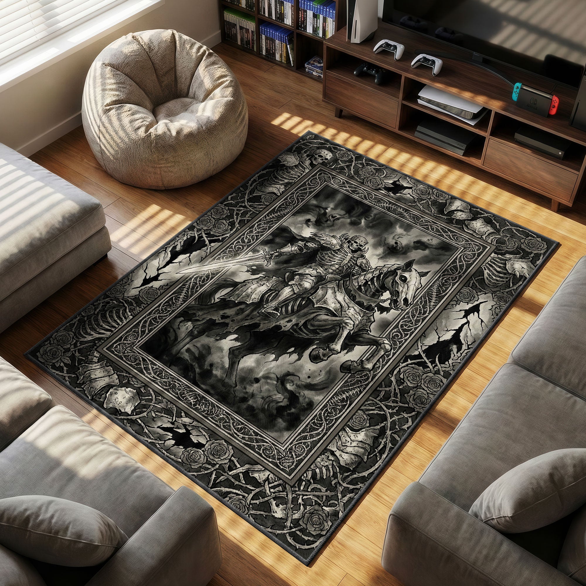 Skull Knight themed area rug for home decor fans