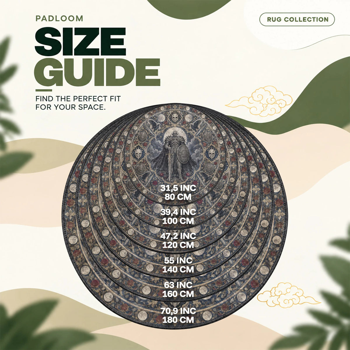 Skull Knight Moonlit round rug size guide, 80 to 180 cm (31.5 to 70.9 in)