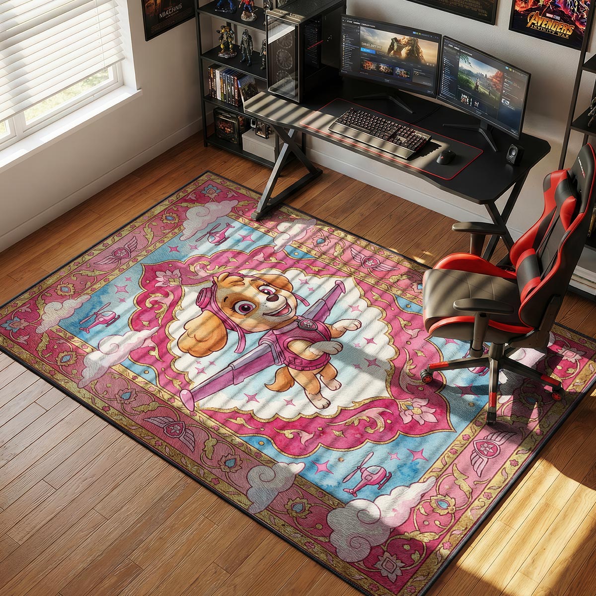 Skye PAW Patrol rug in a girl's bedroom beside a white bookshelf with pink accent pillows