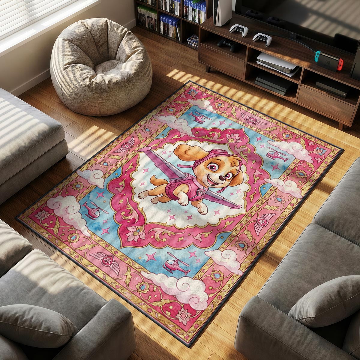Close-up of Skye PAW Patrol area rug showing pink cloud detail and gold scrollwork on velvet