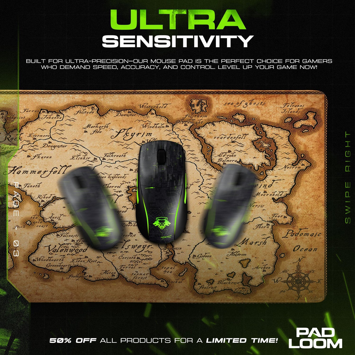 Skyrim Mouse Pad, Tamriel Map Gaming Desk Mat Padloom