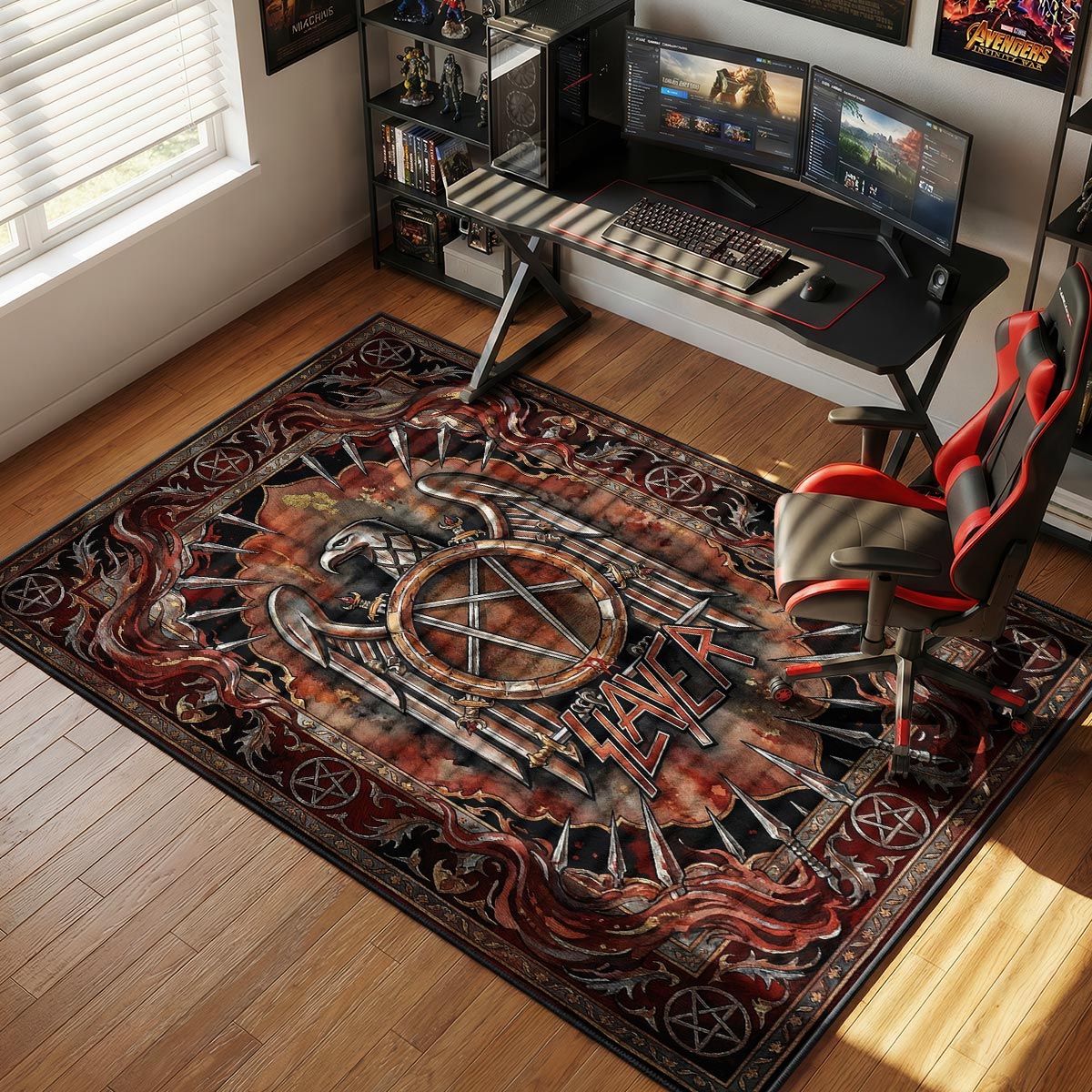 Slayer thrash metal rug placed in a dark room with exposed brick wall and industrial furniture
