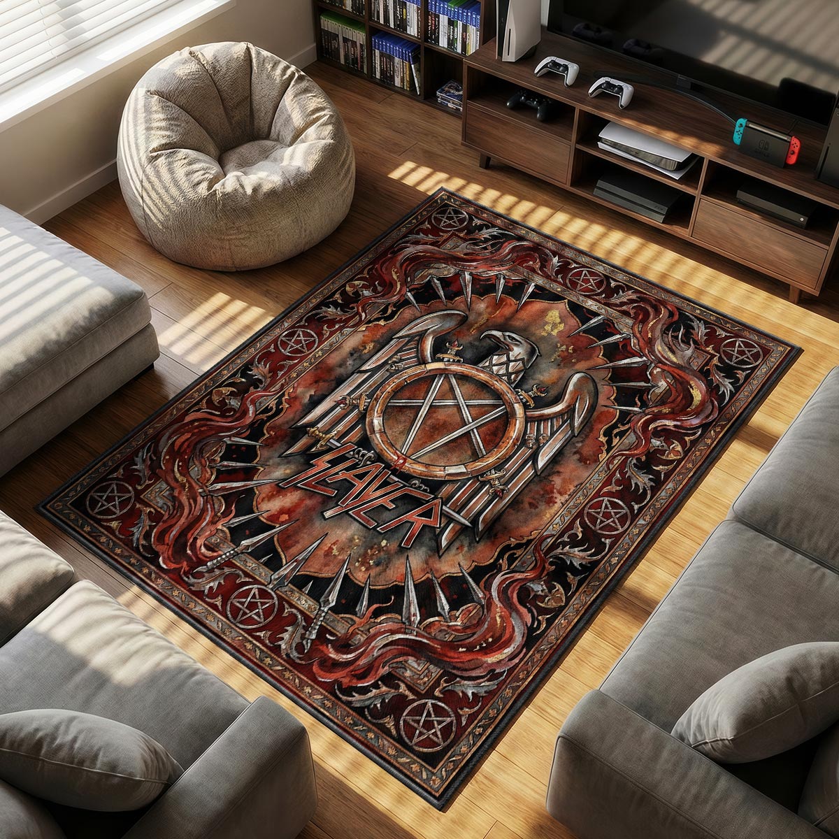 Close-up of Slayer area rug showing eagle wing detail and dye-sublimation ink bonded into velvet fibers