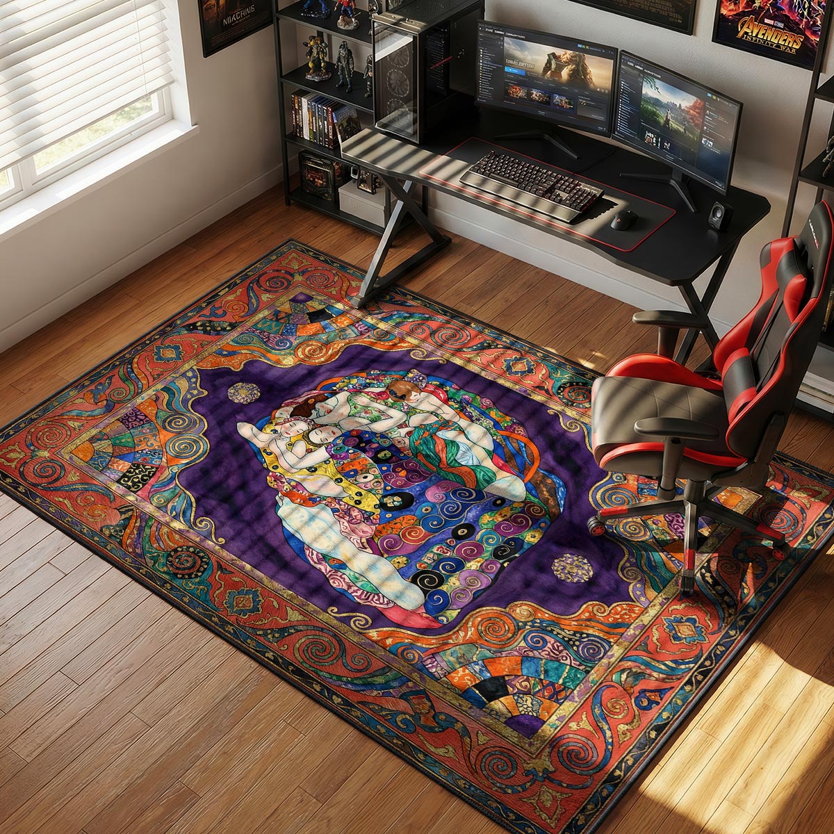 Bohemian figurative rug placed in an artist studio with warm pendant lighting and eclectic decor