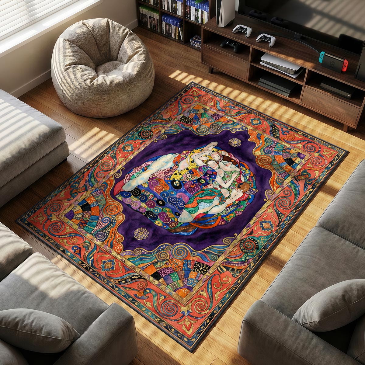 Close-up of sleeping muses rug showing patchwork robe detail and plush fiber surface texture