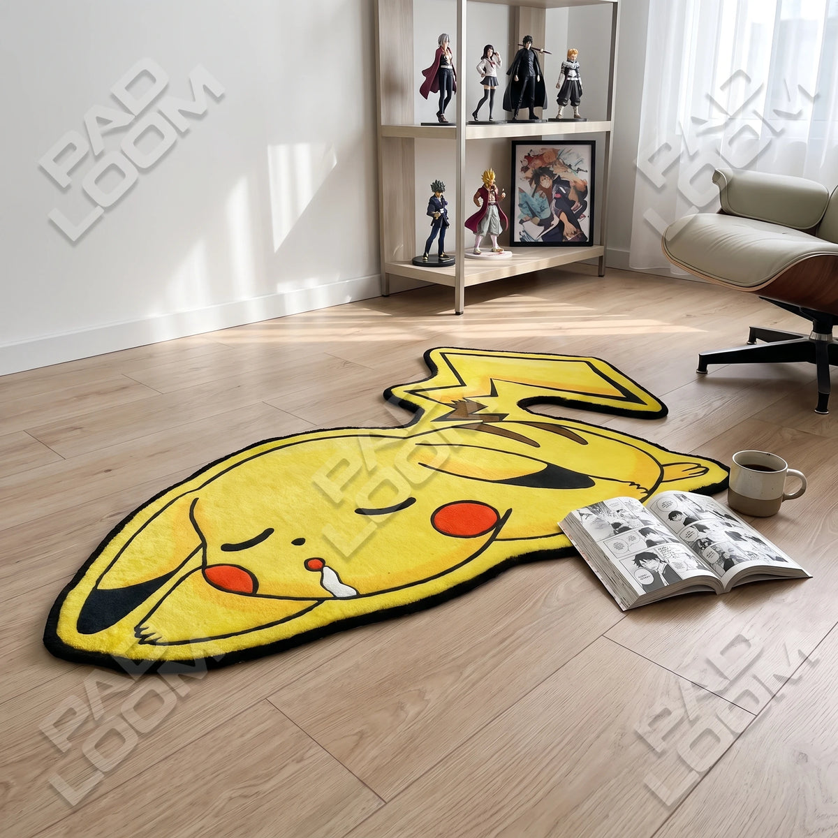 Sleeping Pikachu shaped rug shown in a room setting