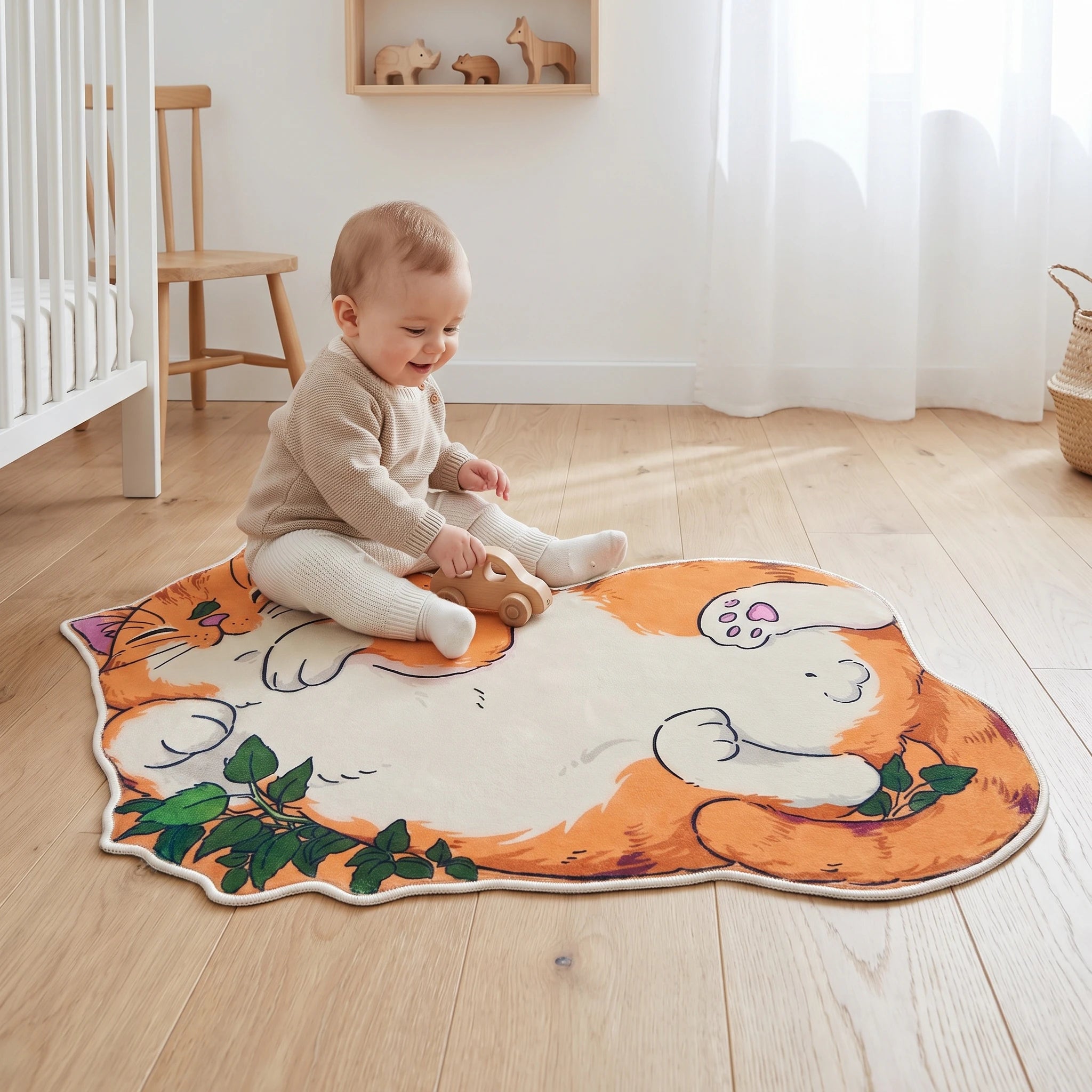 Sleepy Cat shaped rug shown in a room setting