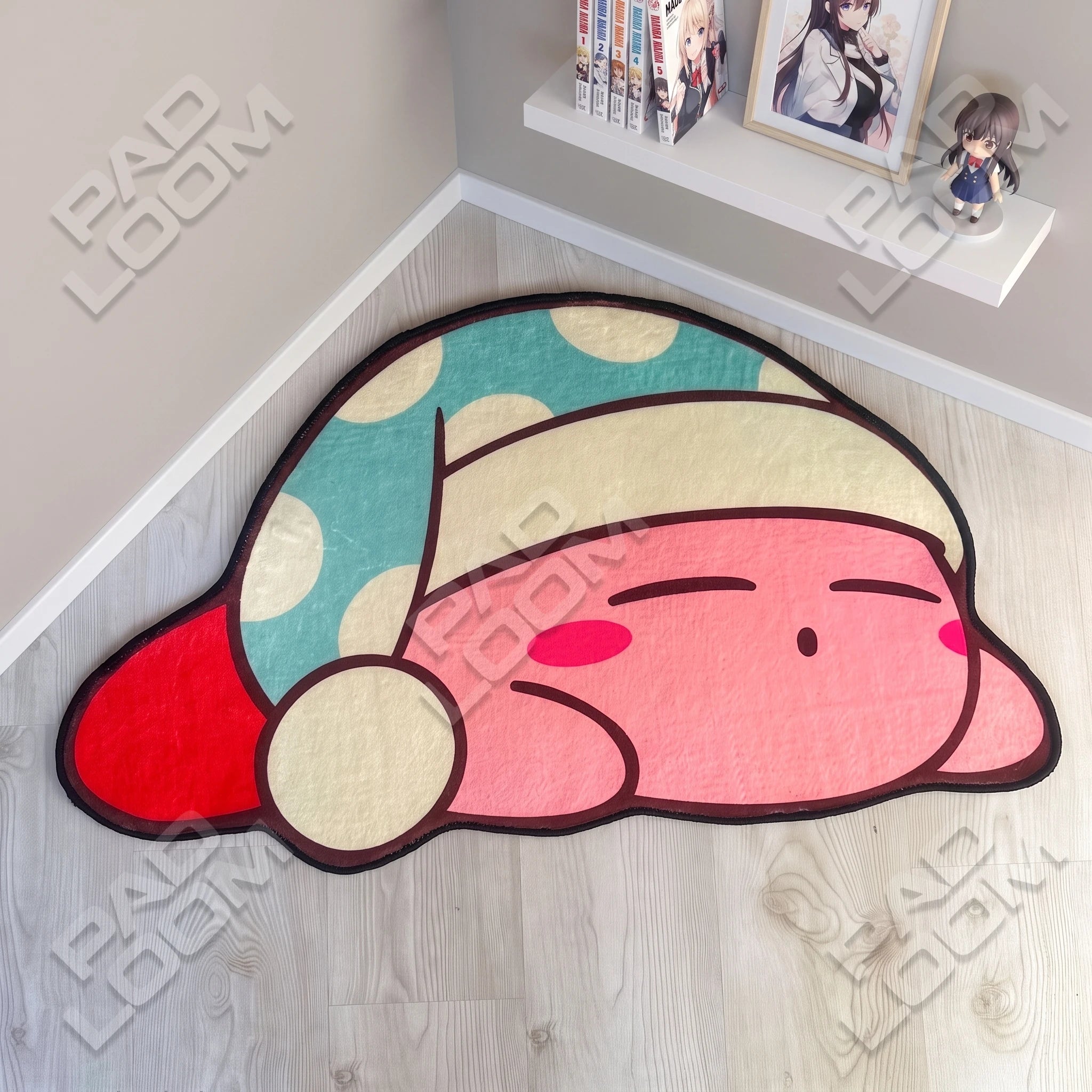 Sleepy Kirby shaped rug shown in a room setting
