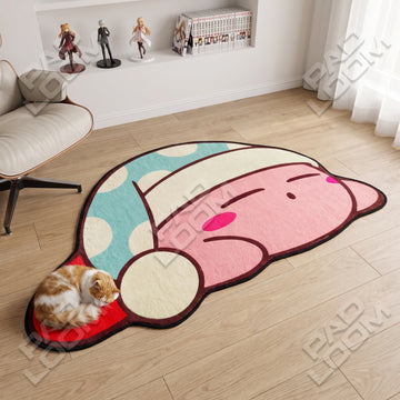 Sleepy Kirby shaped area rug, die-cut gaming rug
