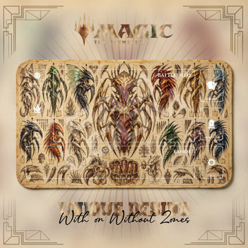 Sliver Codex MTG playmat, beige and orange art with play zones, 24 x 14 in