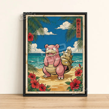 Slowbro Beach Pokemon poster - framed canvas wall art in a black frame
