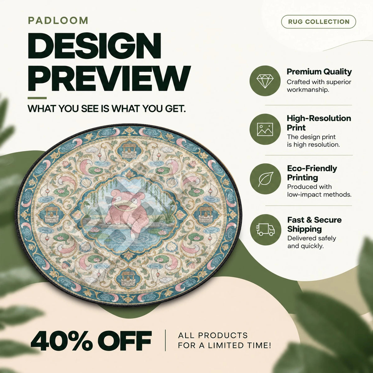 Slowpoke Fishing Pokemon round rug full design preview