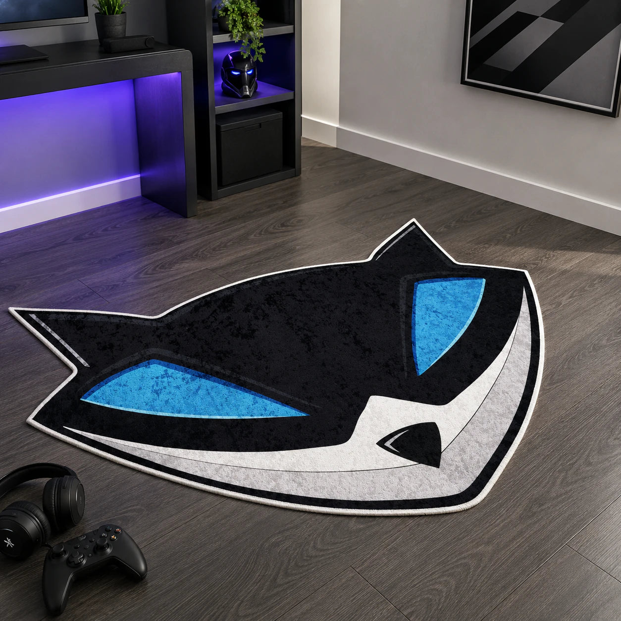 Sly Cooper shaped rug shown in a room setting