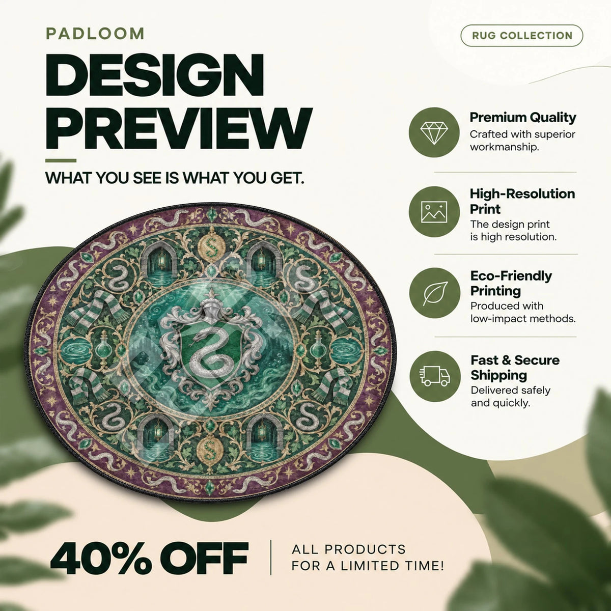 Slytherin Crest Harry Potter round rug full design preview