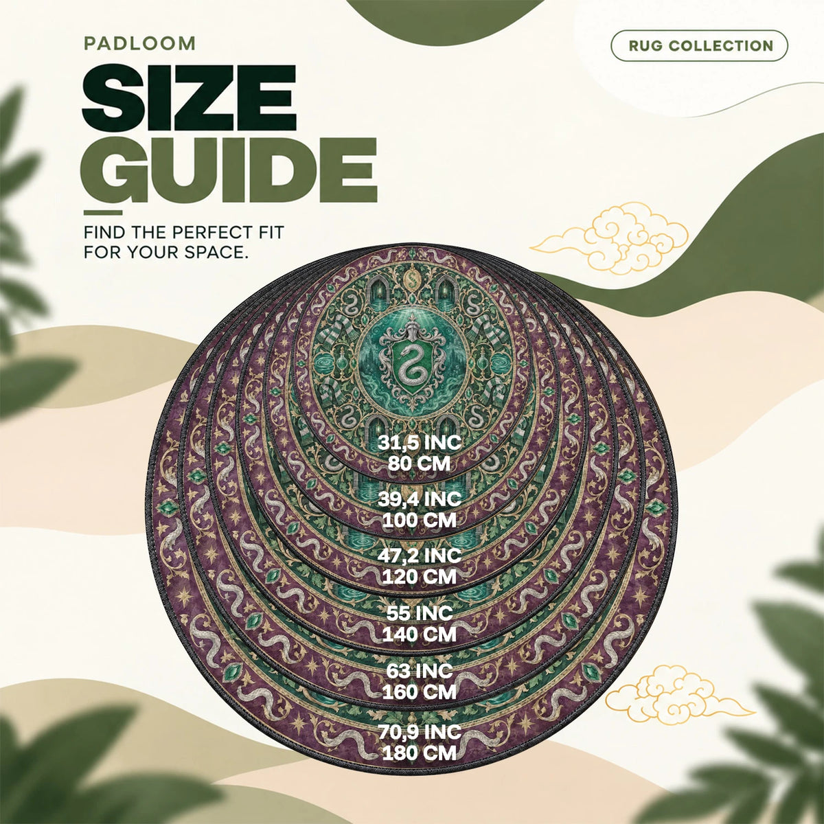 Slytherin Crest round rug size guide, 80 to 180 cm (31.5 to 70.9 in)