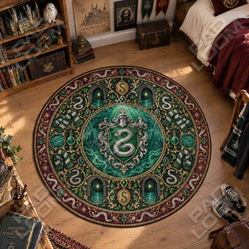 Slytherin Crest Harry Potter round rug on a bedroom floor - Harry Potter chair mat