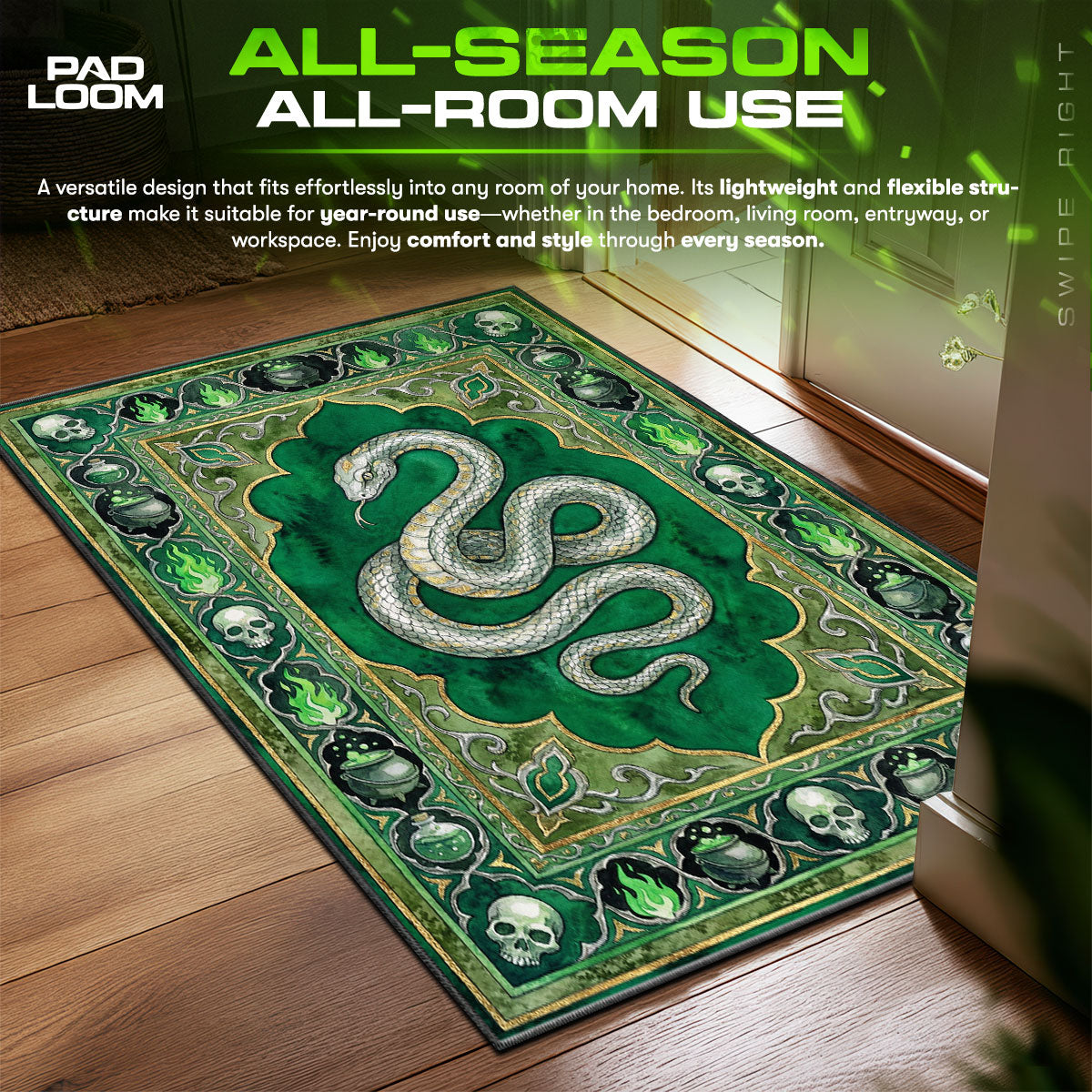 Slytherin Serpent Dungeon Harry Potter Room fan rug — premium quality print