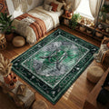 Slytherin serpent on a shield with crossed broomsticks and Quidditch hoops watercolor art style movie themed area rug and home theater mat