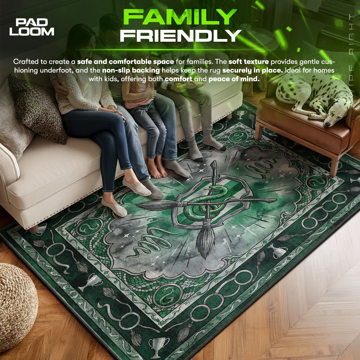 Slytherin area rug showing full home decor artwork