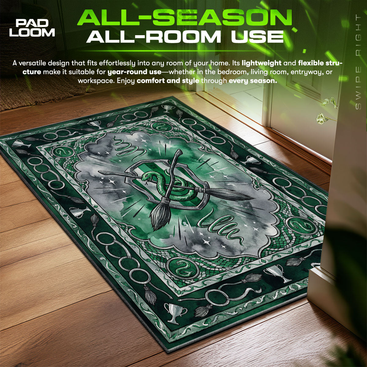 Slytherin Serpent Quidditch Harry Potter Room fan rug — premium quality print
