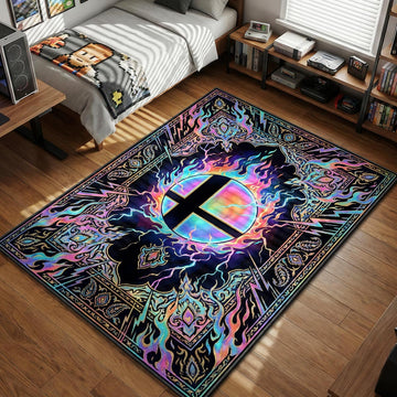 Smash Bros logo surrounded by swirling neon flames and ornate borders in a mystical art style gaming area rug and floor mat