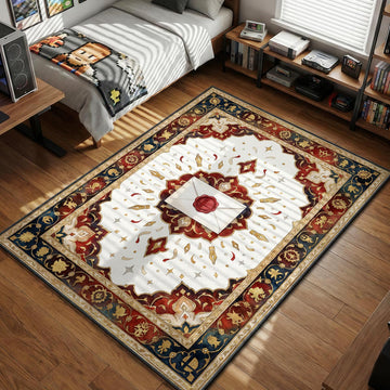 White invitation envelope with red Smash Bros wax seal surrounded by gold character silhouettes gaming area rug and floor mat