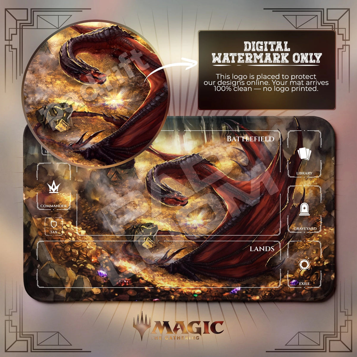 Smaug Hoard MTG playmat with zones; the Padloom watermark is digital only, not printed