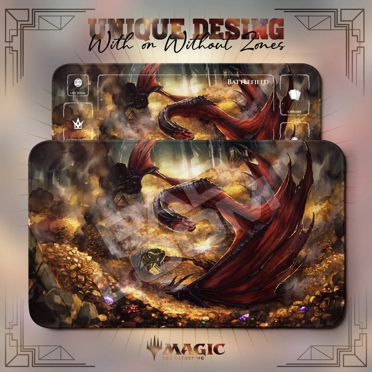 Smaug Hoard MTG playmat shown with zones and without zones