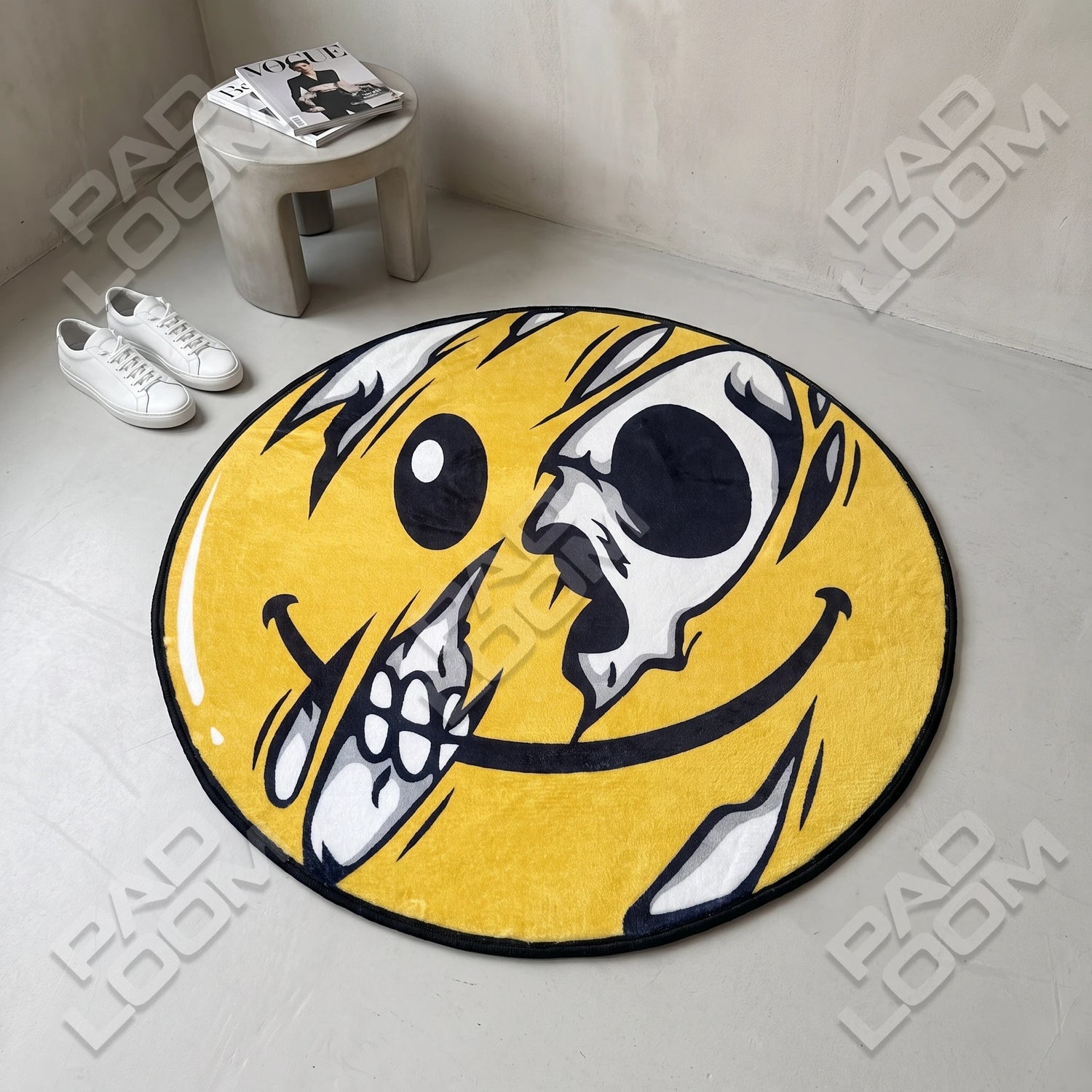 Smiley Skull shaped rug shown in a room setting