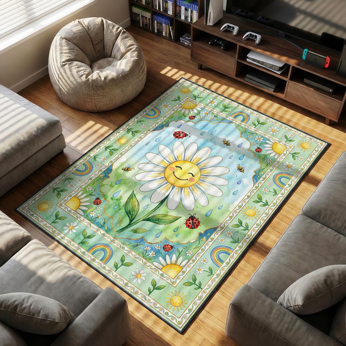 Smiling Daisy Garden Rug - Kids Room Floor Mat
