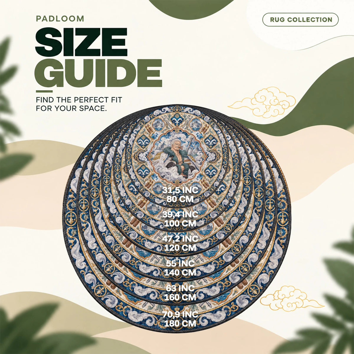 Smoker Cigar round rug size guide, 80 to 180 cm (31.5 to 70.9 in)