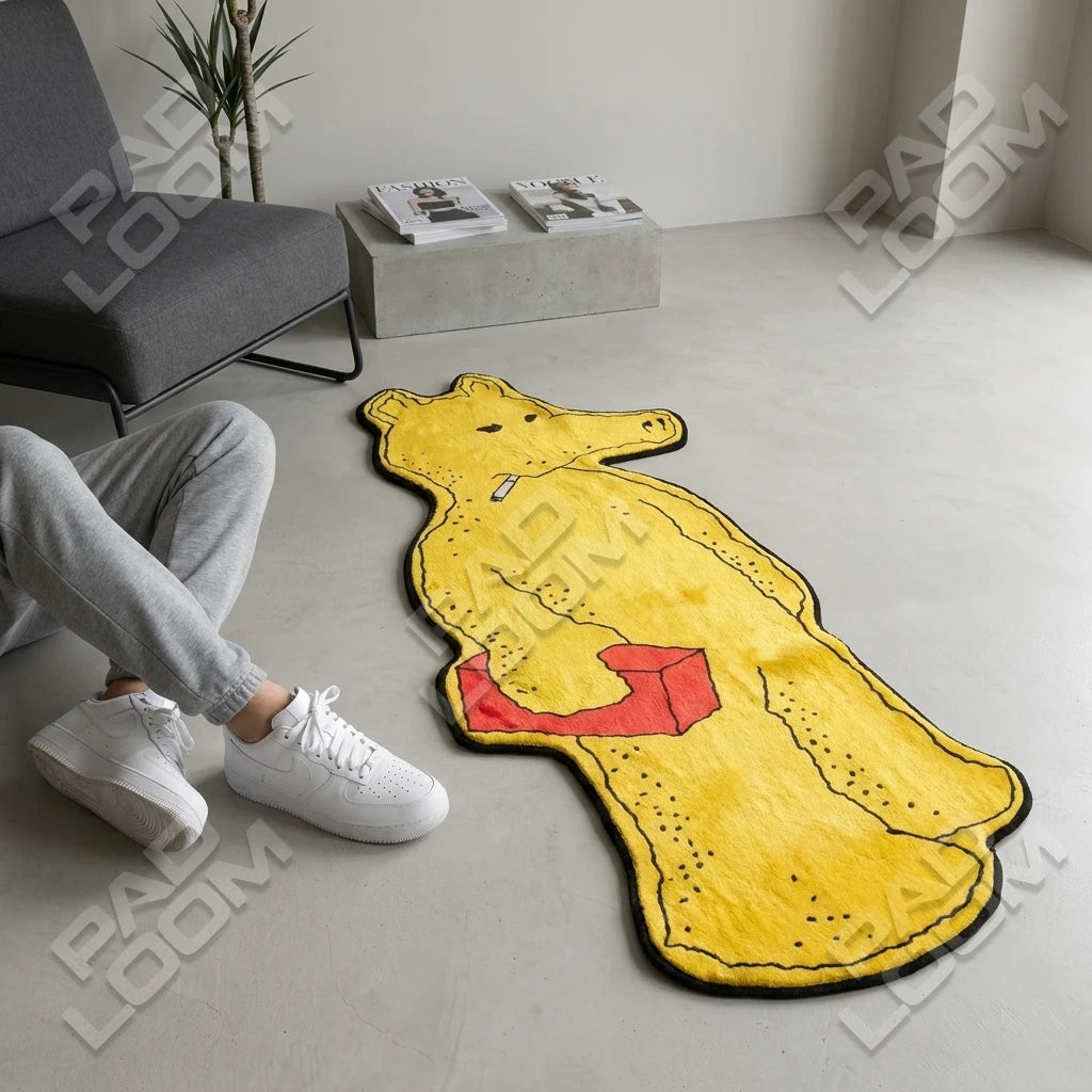 Smoking Bear shaped rug shown in a room setting