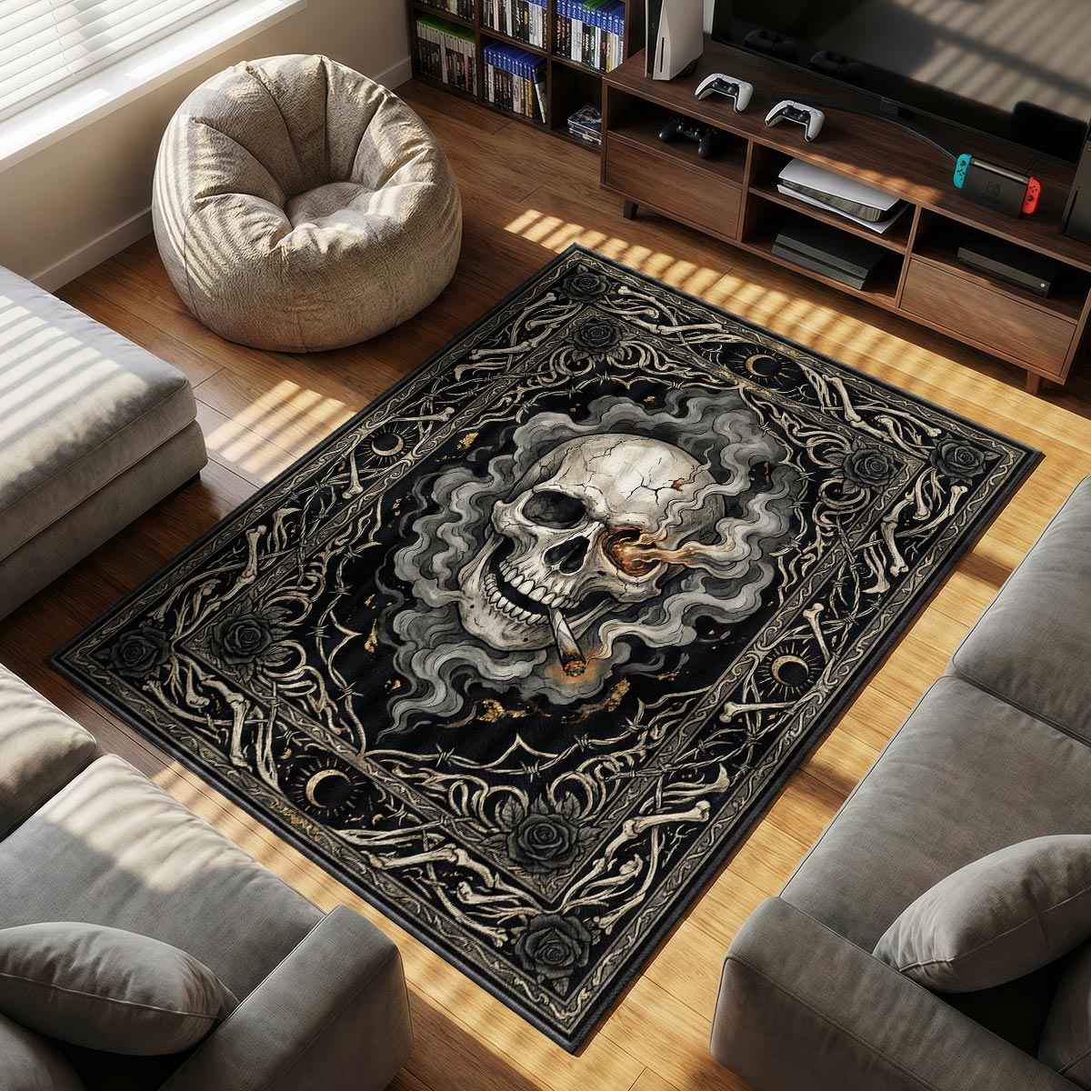 Smoking Skull themed area rug for Gothic fans