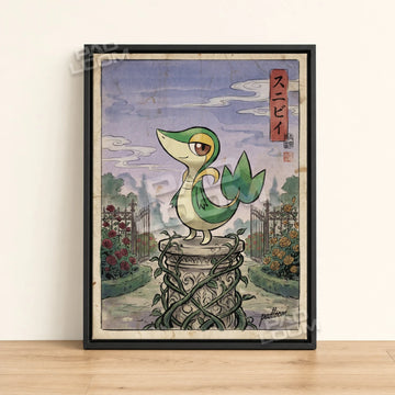 Snivy Rose Pokemon poster - framed canvas wall art in a black frame