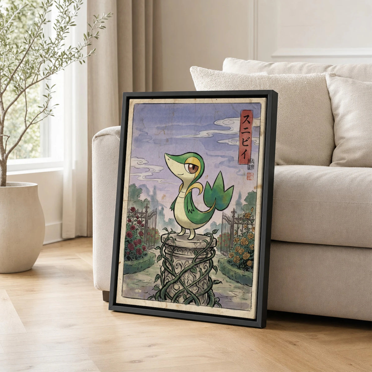 Snivy Rose Pokemon poster leaning beside a sofa - living room wall art