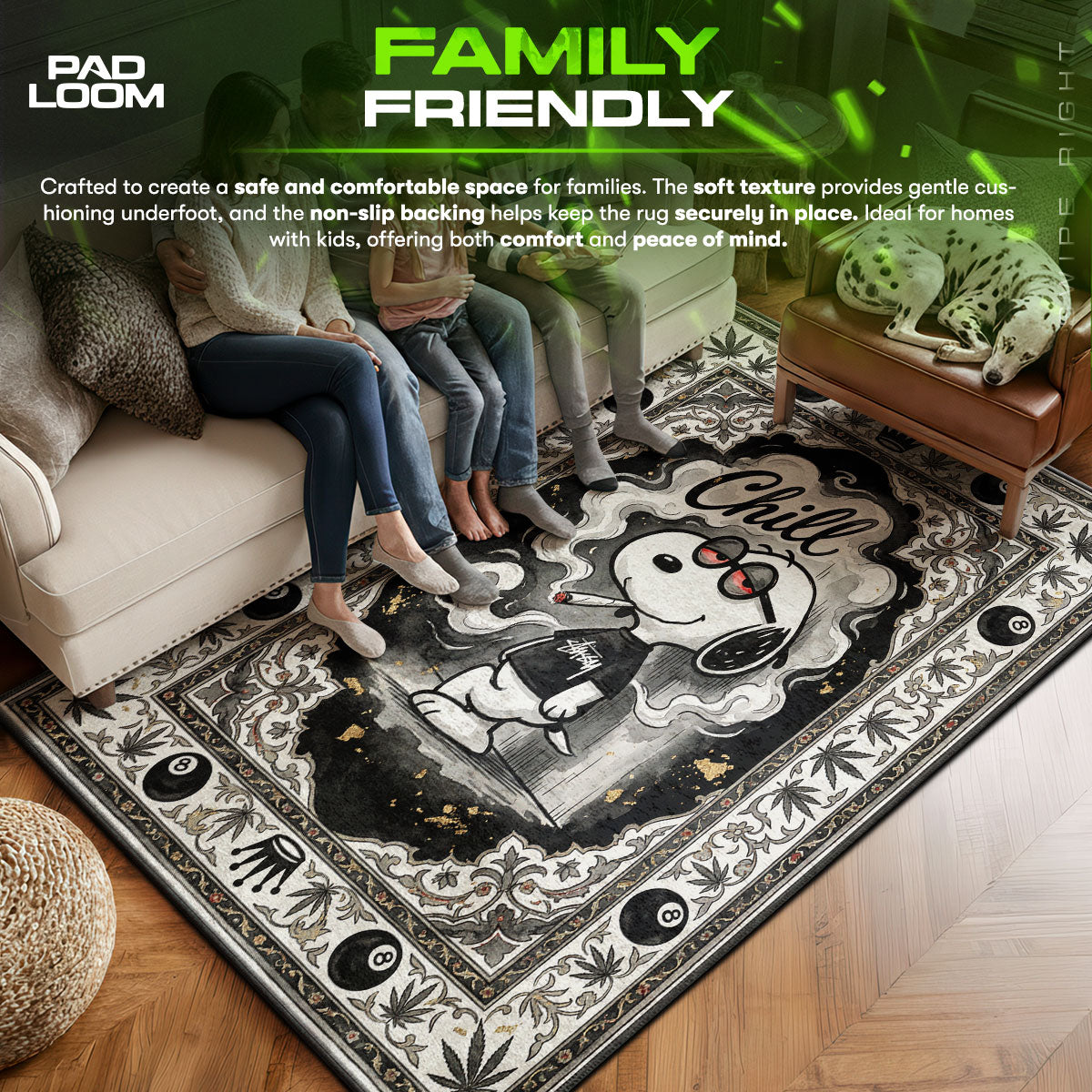 Snoopy area rug showing full home decor artwork